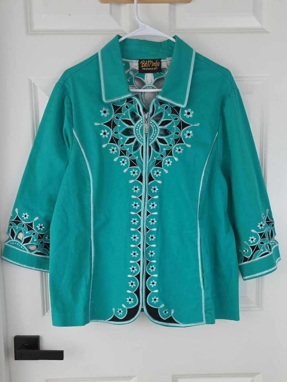 Bob Mackie Y2k Retro Teal Embroidered Wearable Art Jacket W/Cut-Out Design Sz XL